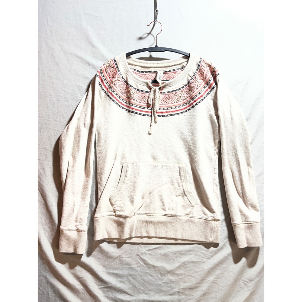 Lucky Brand Women Small Cream Embroidered Beaded Sweatshirt Boho Tassel Tie
